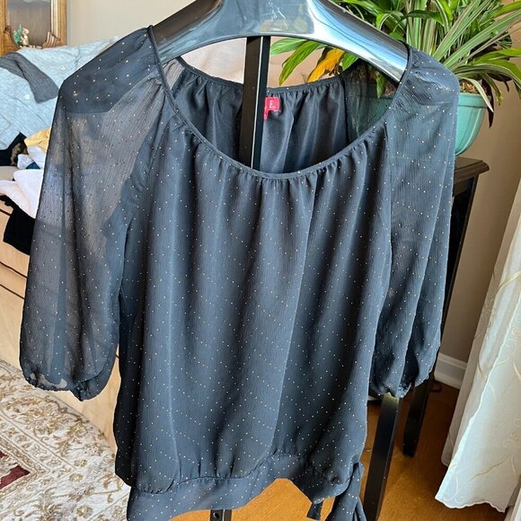 ELLE Blouse Dot Details Sheer Sleeves Scoop Neckline Tie Hem Black & Bronze L - Picture 3 of 14